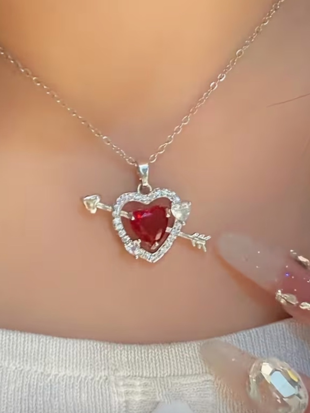 Silver Tone Heart Necklace With Red Stone.